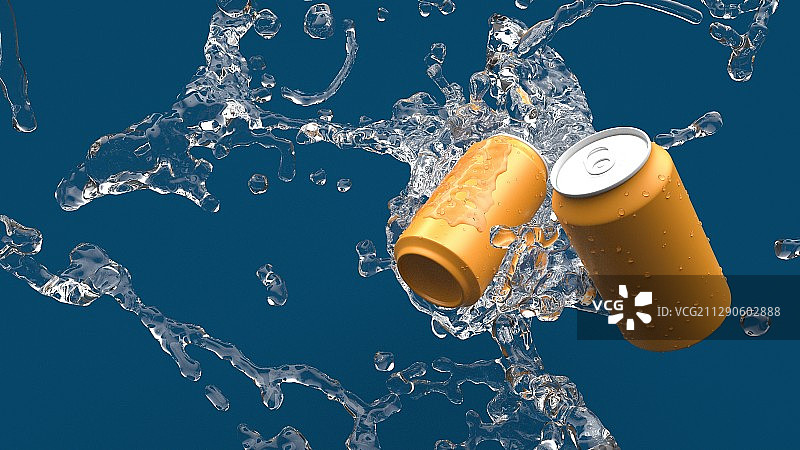 透明的水花喷溅在柔色易拉罐饮料瓶子上图片素材