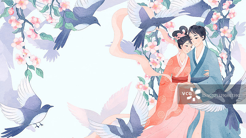 七夕花藤上的牛郎织女与飞舞的喜鹊插画图片素材