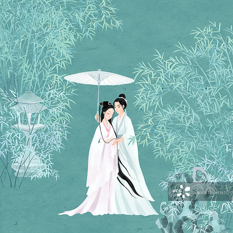 七夕节竹林前撑伞的白娘子许仙插画图片素材