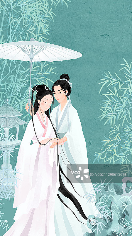 七夕节竹林前撑伞的白娘子许仙插画图片素材