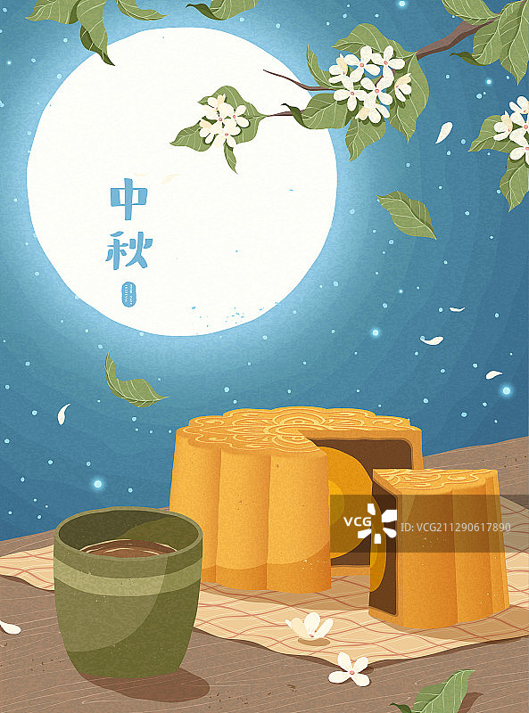 中秋节满月下的月饼与热茶插图图片素材