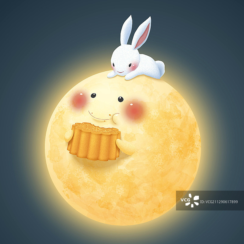 吃着月饼的可爱满月与兔子同伴图片素材