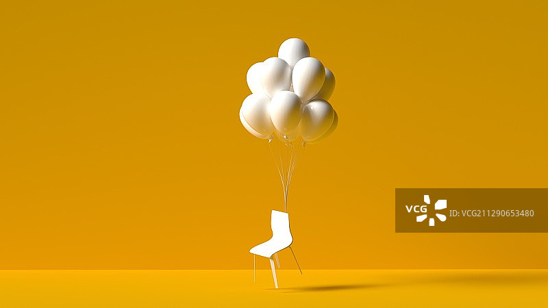 绑在气球上的椅子在柔色背景前图片素材