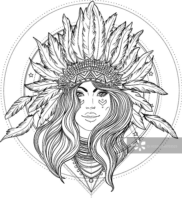部落融合波西米亚风格女神黑白图图片素材