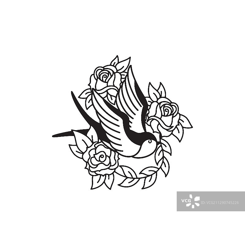 燕子与玫瑰纹身模板（传统风格）图片素材