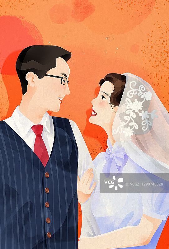 橙色背景浪漫温柔新人婚礼婚纱照插画图片素材