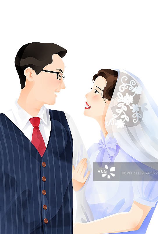 浪漫温柔新人对望婚礼婚纱照插画图片素材