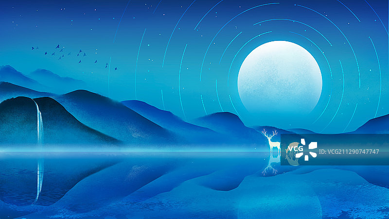 唯美夜晚星空山水画图片素材