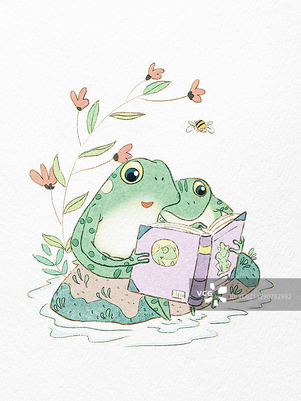 池塘边读书的青蛙儿童插画图片素材
