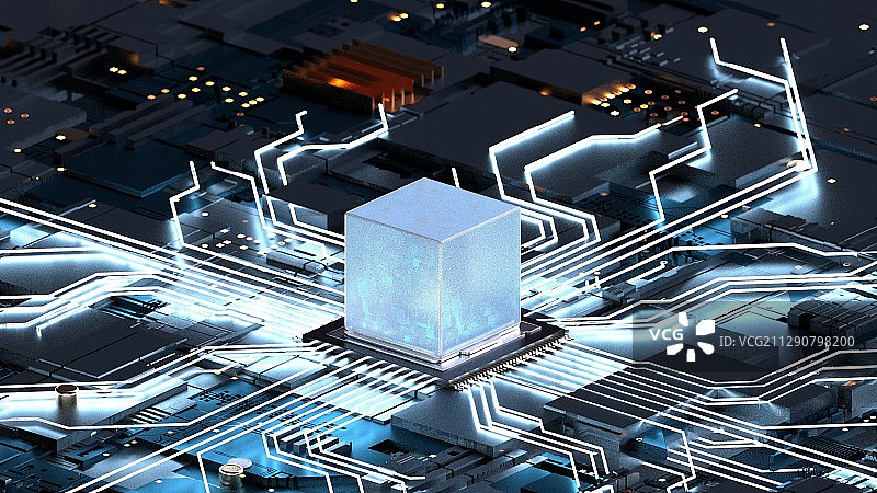 三维渲染科技电路板上的立方体数据方块图片素材