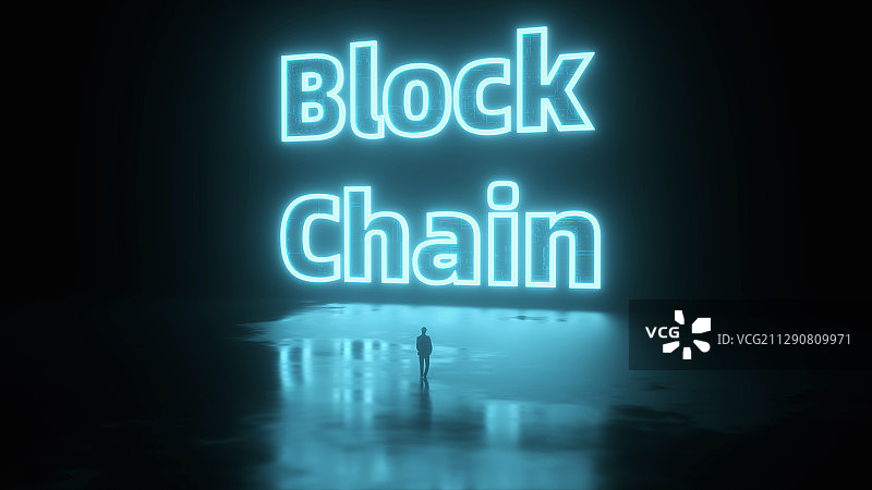 暗调环境中发光的区块链英文单词图片素材