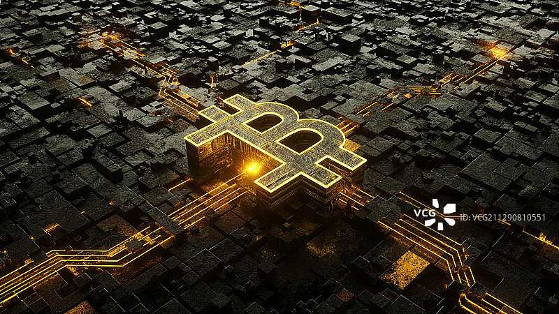 三维渲染电路板上的比特币符号图片素材