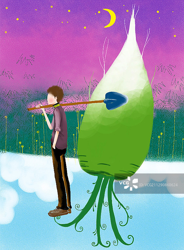 唯美时尚插画男孩男生系列-扛着铁锹站在萝卜图片素材