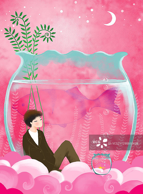 唯美时尚插画男孩男生系列-坐在浴缸里看着天空图片素材