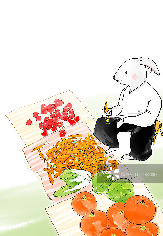 可爱水墨中国画虚拟人物卖菜的兔子先生图片素材