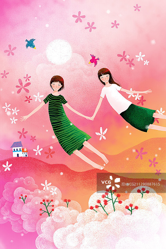 唯美时尚闺蜜插画系列-手牵手飞翔图片素材