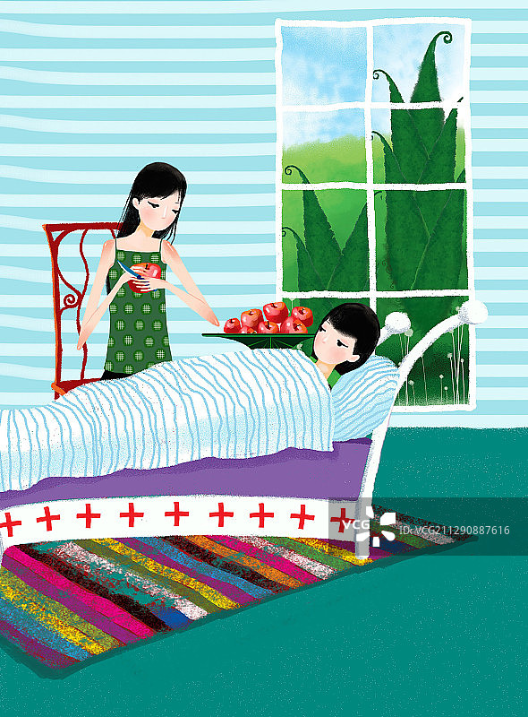 唯美时尚闺蜜插画系列-照顾生病的姐妹图片素材