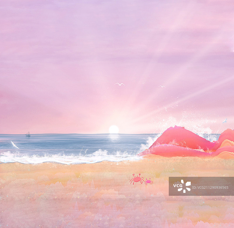 夏天阳光照在海面上，海浪拍打着沙滩插画图片素材