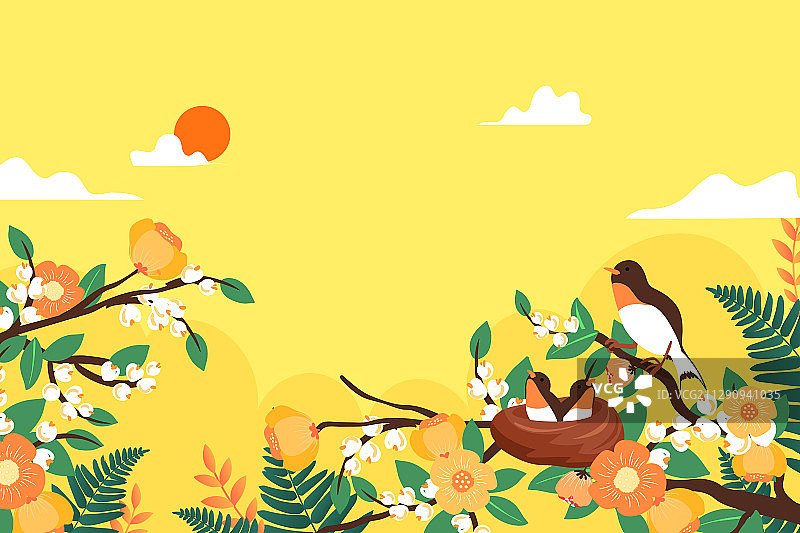 卡通秋季秋景户外公园日出小鸟果园家园树枝叶子自然风景矢量插画图片素材