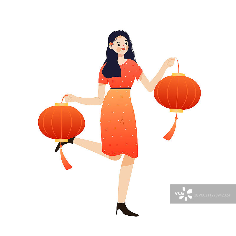 庆祝节日拿着灯笼的女孩矢量插画图片素材