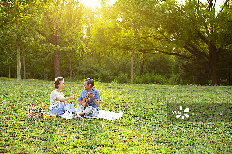 老年夫妻在户外公园野餐弹奏尤克里里琴图片素材