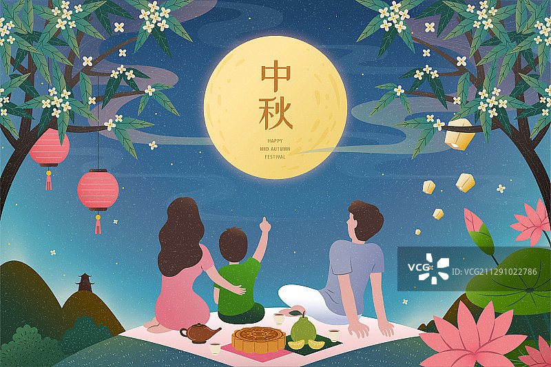 家庭赏月中秋创意插画图片素材