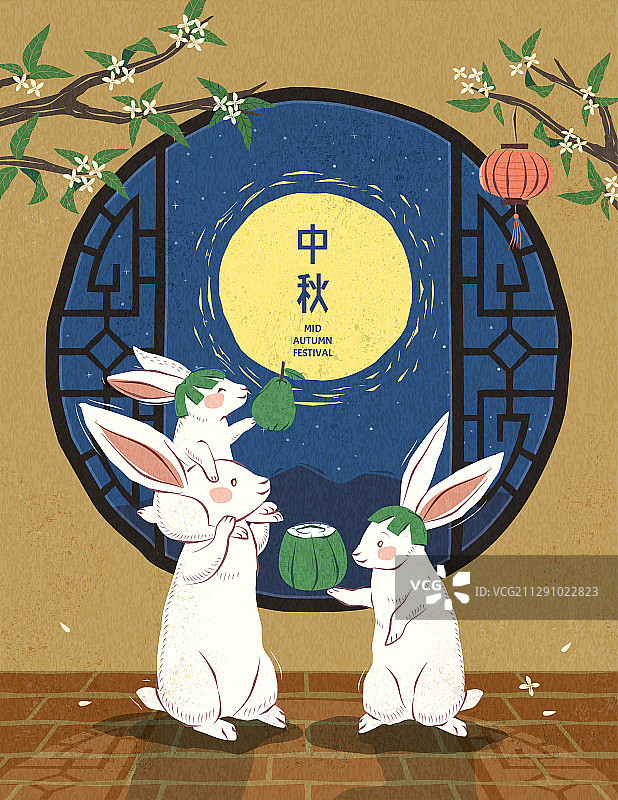 中秋节玉兔团圆吃柚子竖幅图片素材