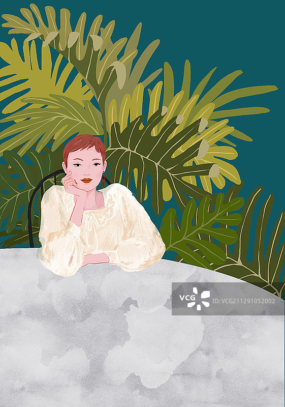 红发少女托腮思考图片素材