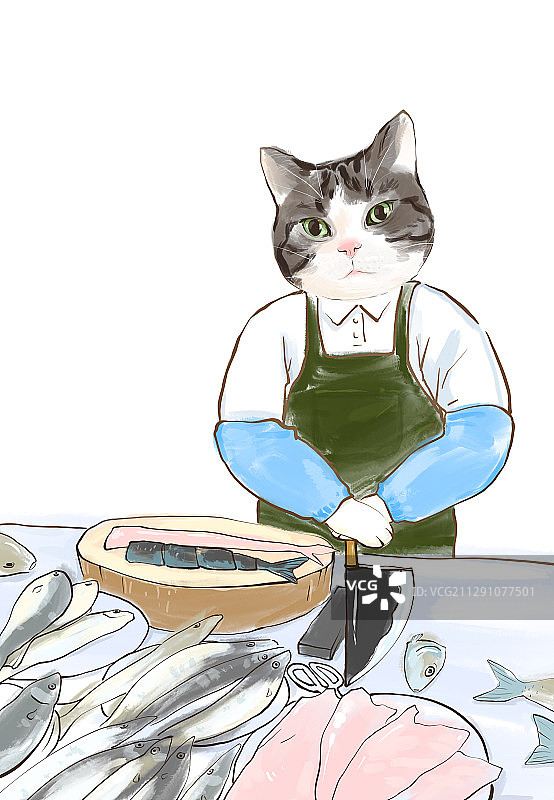 可爱水墨中国画人物画拟人猫菜市场卖鱼图片素材