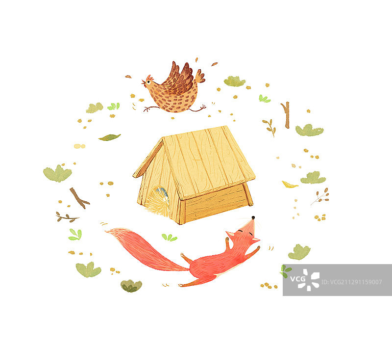 小狐狸追鸡儿童插画图片素材