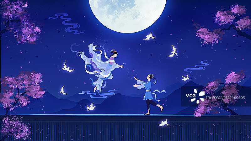 唯美牛郎织女相会中国风手绘插画图片素材
