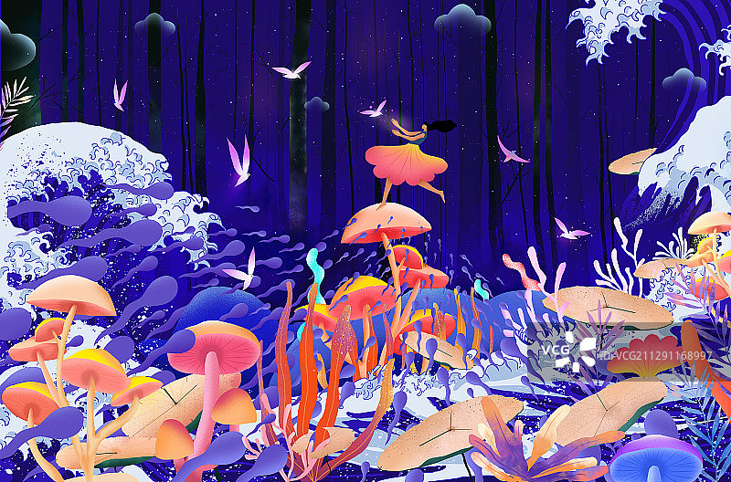 在海浪与蘑菇森林里跳舞的女孩图片素材