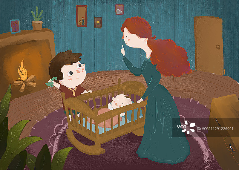 母亲和儿子照看睡梦中的婴儿宝宝图片素材