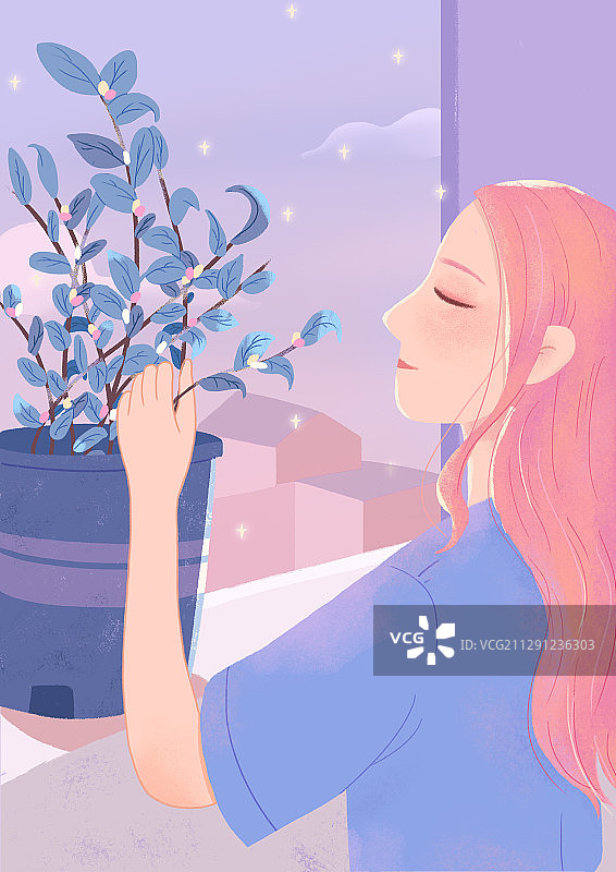 站在阳台闻花的女孩图片素材