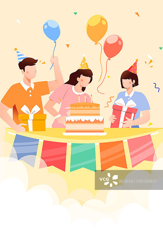 生日派对朋友庆祝周年庆生辰祝福贺卡礼物送礼活动矢量插画图片素材