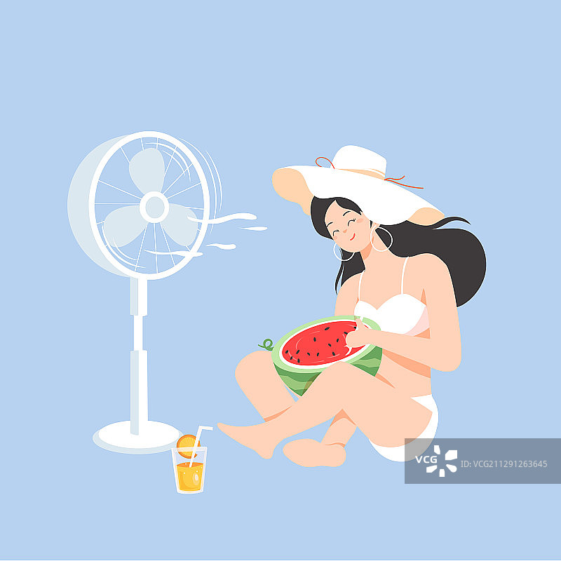 大暑三伏天炎热夏天吃西瓜解暑风扇暑期生活矢量插画图片素材