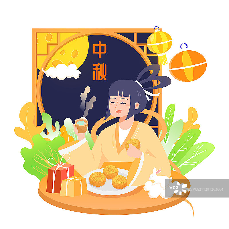 中秋节嫦娥月饼兔子传统节日中国风习俗吃饭美食促销活动矢量插画图片素材