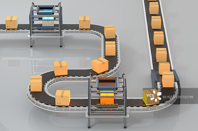 传送带上接受检测的包装箱 三维渲染图片素材