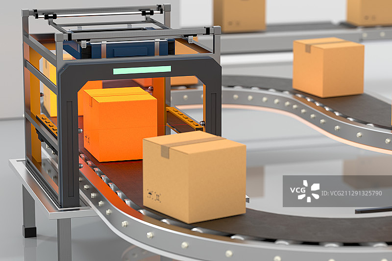 传送带上接受检测的包装箱 三维渲染图片素材