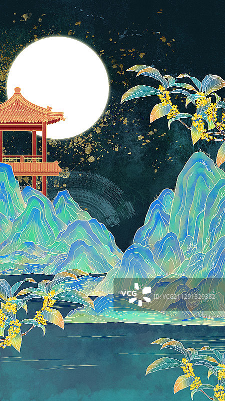 月圆的夜晚和中国风山水图片素材