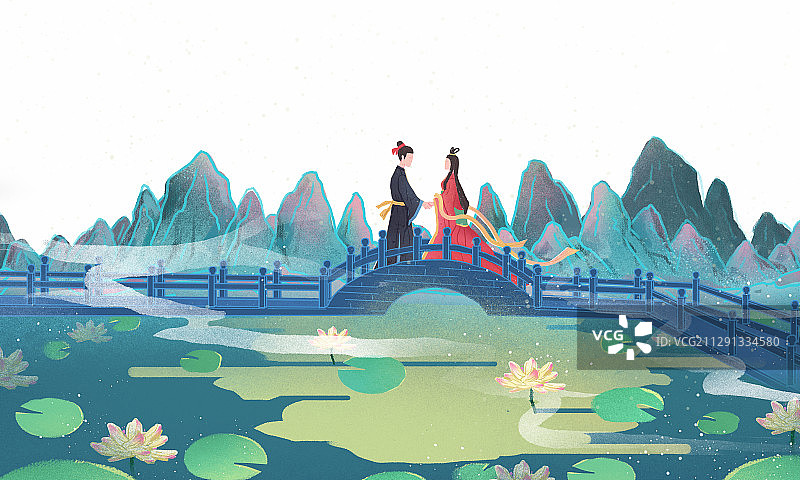 中国风七夕节在桥梁上牵手的牛郎织女纯背景图片素材