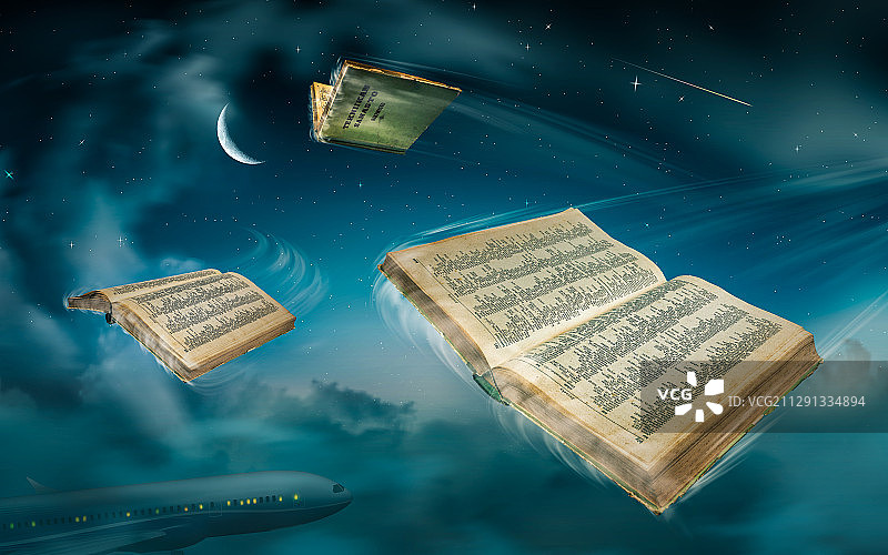 书籍化作翅膀飞翔于浩瀚蓝天图片素材
