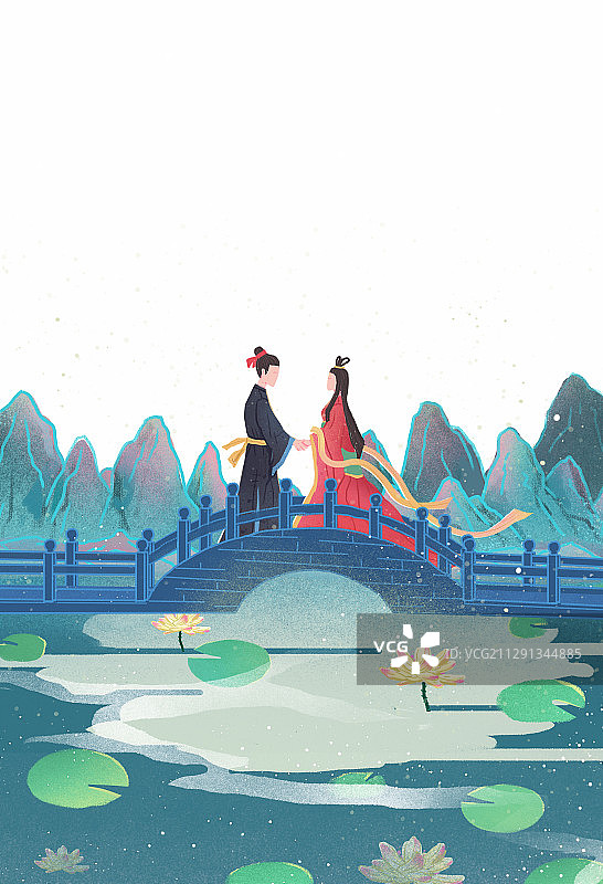 中国风七夕节在桥梁上牵手赏月的牛郎织女纯背景图片素材