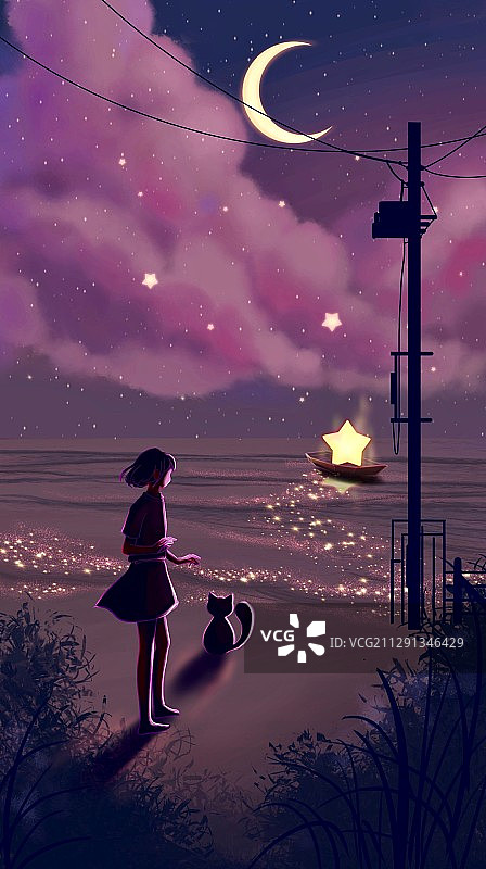 在海边等星星船图片素材