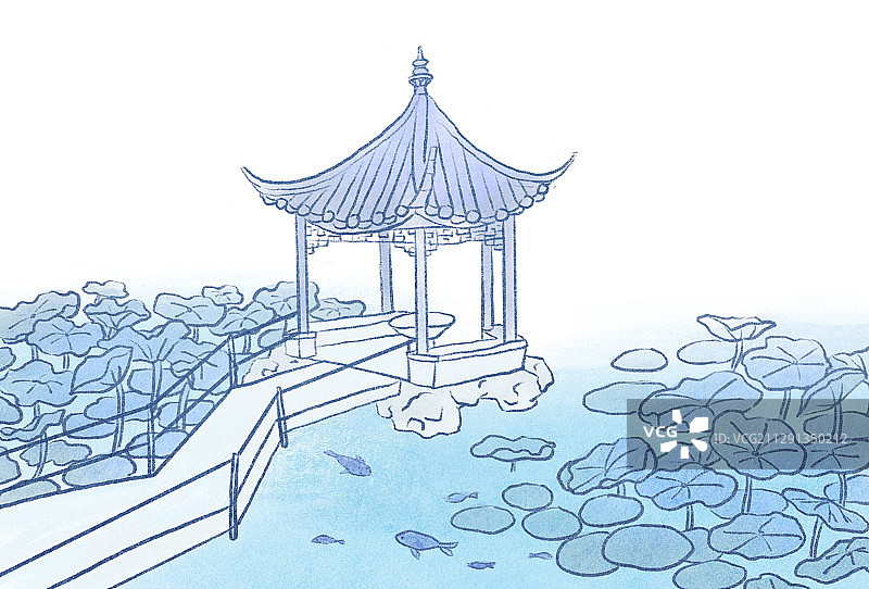 夏日的凉亭和荷叶图片素材