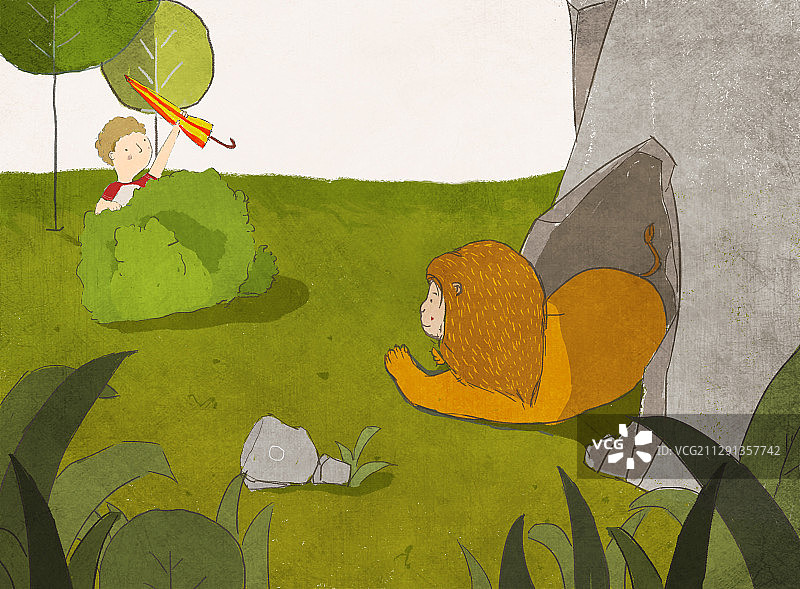 小男孩和一头狮子对话图片素材