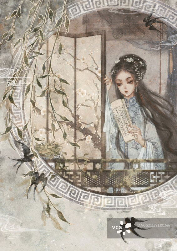 古风美人花窗读书图片素材