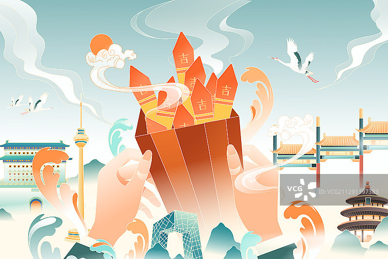 许愿祈祷占卜算卦旅游建筑风景仙鹤动物中国风国潮矢量插画图片素材