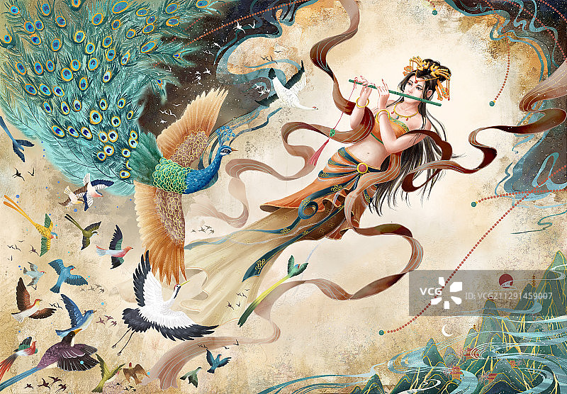 古风插画仙女吹笛飞天图图片素材