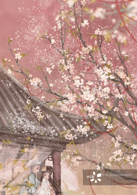 公子佳人桃花庭院图片素材